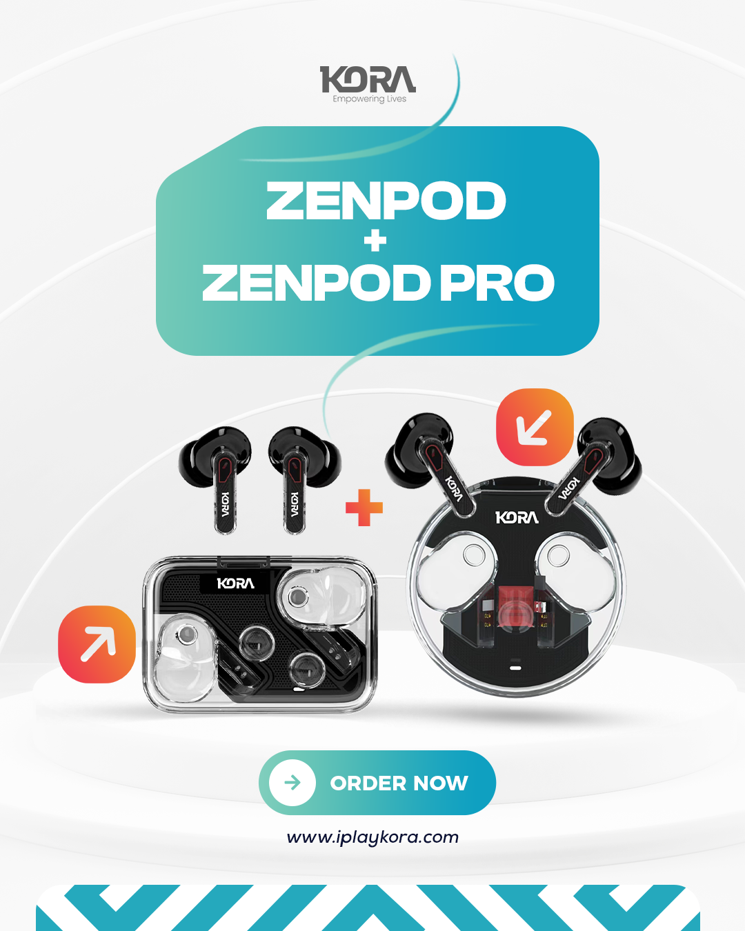 Kora Zenpods Wireless Earbuds with ENC, 10mm drivers, 40 Hours Playback, Type C Fast Charging, Waterproof + Kora Zenpods Pro Wireless Earbuds with 10mm drivers, 40 Hours Playback, ANC, Type C Fast Charging